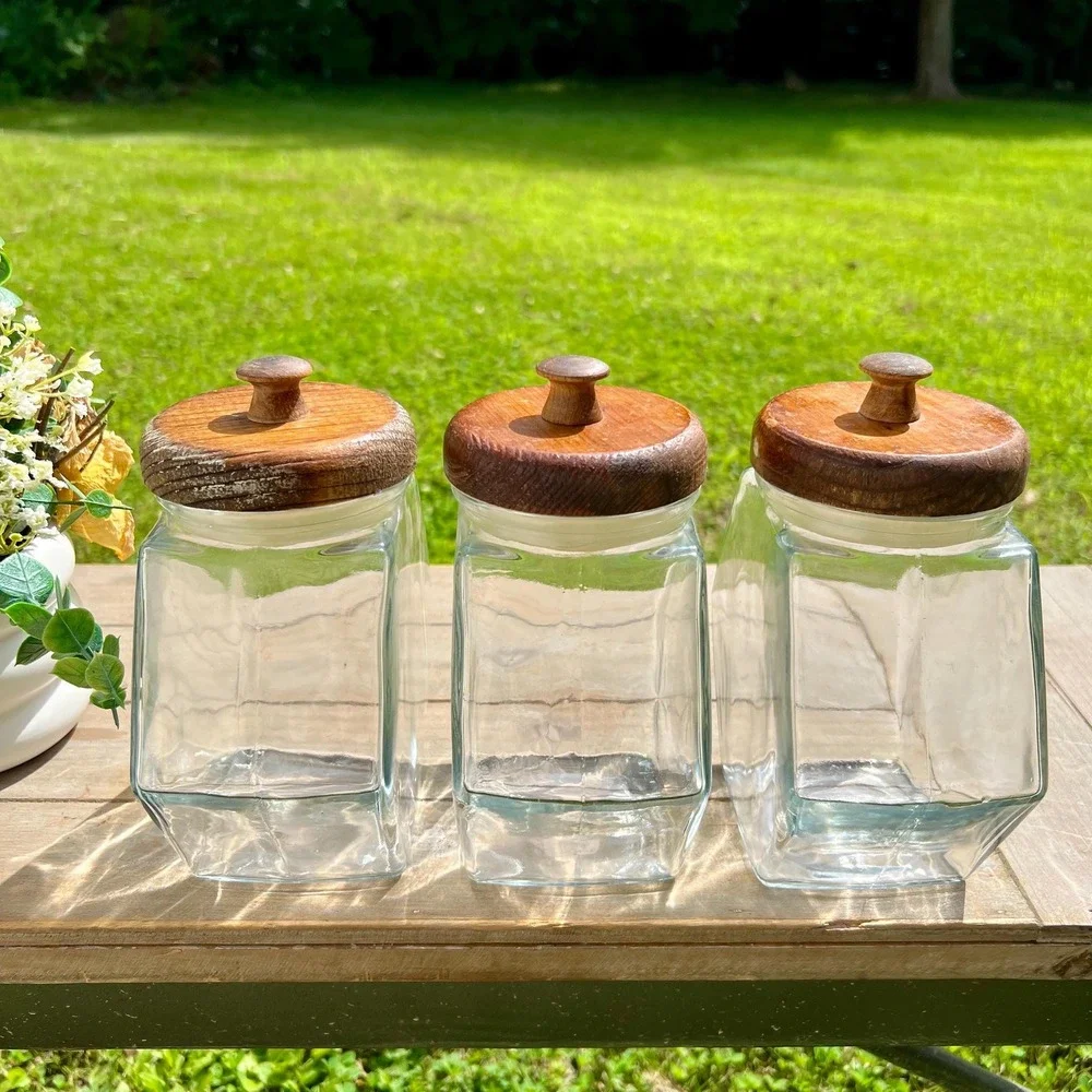 Vintage Glass Jar Canisters w/ Wood Lids | Set of 3